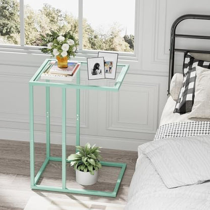 Easy Paws C Shaped Table,Glass Side End Table for Sofa,Tempered Glass Snack Couch Dinner Tv Tray Table with Metal Frame,Small Bedside Nightstand Table for Small Space(Green) - color: Green