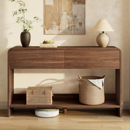 AMERLIFE 55" Modern Entryway Console Table with 2 Storage Drawers | Open Bottom Shelf, Wood Grain Finish, Rounded Edges, Long Sofa Table, Behind Couch, Hallway, Foyer, Living Room, Brown - color: Brown - Flat Panel, size: 55"