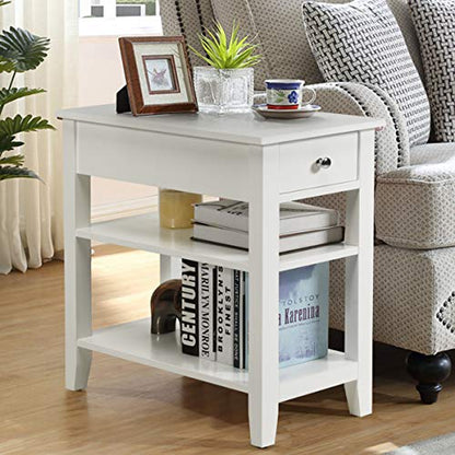 Giantex Narrow End Table Set of 2, Small Side Table with Drawer and Shelf, Wood Accent Sofa Table, Skinny Nightstand for Small Space Living Room Bedroom, White - color: White