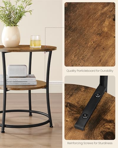 VASAGLE 21.7-Inch Round Side Table, 2-Tier End Table with Power Outlets, Nightstand with Steel Frame, Spacious Top, for Small Spaces, Living Room, Bedroom, Rustic Brown and Ink Black ULET077K01 - color: Rustic Brown + Ink Black, style: With Power Strip