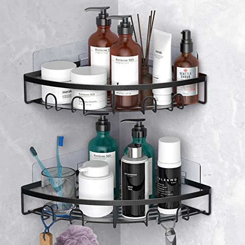 Corner Shower Caddy for Bathroom Storage,Black,2 Pack | No Drilling Bathroom Shower Corner Shelves with Adhesive,Rustproof Shower Organizer - color: Black