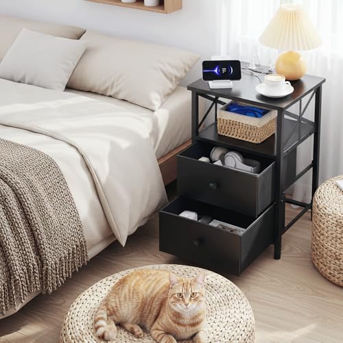 AMHANCIBLE Nightstands Set of 2, Large Night Stand with Charging Station | Bedside Table with 2 Fabric Drawers, End Side Tables Living Room, with Open Shelf, USB Ports Outlets, for Bedroom, Black - color: Black