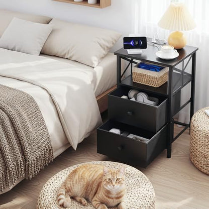 AMHANCIBLE Nightstands Set of 2, Large Night Stand with Charging Station | Bedside Table with 2 Fabric Drawers, End Side Tables Living Room, with Open Shelf, USB Ports Outlets, for Bedroom, Black - color: Black