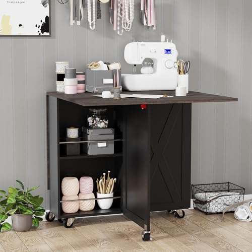Folding Dining Table with 6 Wheels, Drop Leaf Tables for Small Spaces, Foldable Dining Table with 2-Layer Storage Rack, Kitchen Table with Drawer (Brown Wood and Black) - color: Dark Brown