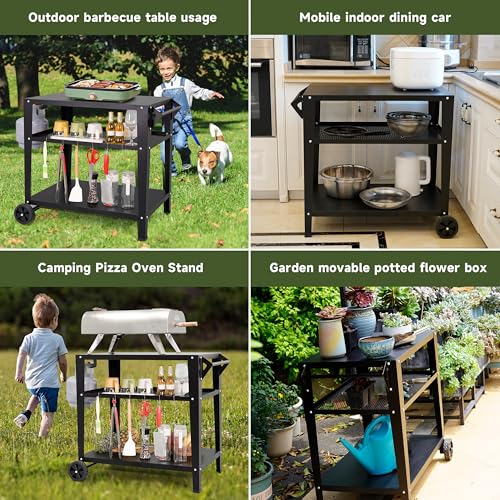 LEETOLLA Outdoor Grill Cart with Wheels, BBQ Prep Table | 3-Tier Rolling Cart, 200LBS Capacity, Cooking Station, Grill Stand, Metal Cart - color: Black