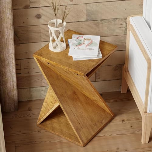 COZAYH Rustic Farmhouse Geometric Style End Table with Twisted X Base, Modern Square Accent Side Table for Living Room, Bedroom, or Office, Brown - color: Natural Wood