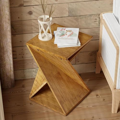COZAYH Rustic Farmhouse Geometric Style End Table with Twisted X Base, Modern Square Accent Side Table for Living Room, Bedroom, or Office, Brown - color: Natural Wood