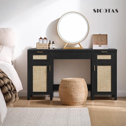 SICOTAS Rattan Vanity Home Office Desk with 3 Drawers, 52 Inch Vanity Table | Farmhouse Boho Makeup Vanity Dressing Table with Large Storage, Vanities Desk for Makeup Room, Bedroom, Office - size: 1 Piece, style: Black Oak