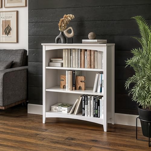 Shaker Style 3 Shelf Bookcase / Solid Wood / 36" High / Adjustable Shelving / Closed Back / Display Bookshelf for Living Room, Bedroom, Home and Office, White - color: White, size: 36"