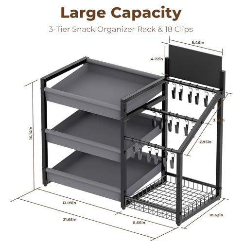 3-Tier Snack Organizer with 18 Clips, Large Capacity Snack Rack | Snack Cart for Kitchen Office Store Party Countertop, Matte Black Metal & Oxford Fabric Snack Storage, Message Board
