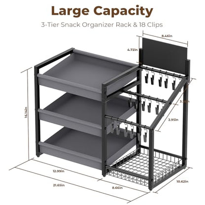 3-Tier Snack Organizer with 18 Clips, Large Capacity Snack Rack | Snack Cart for Kitchen Office Store Party Countertop, Matte Black Metal & Oxford Fabric Snack Storage, Message Board