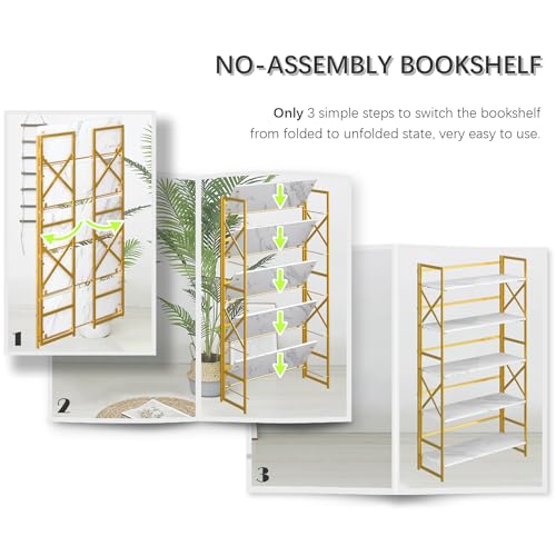 4NM Extra Wide 5 Tiers No Assembly Book Shelves, 51.2" H Folding Bookshelf Bookcase Open Industrial Foldable Shelves for Bedroom, Living Room, Home Office - White Gold - color: White Gold, size: Wide XX 5-Tier