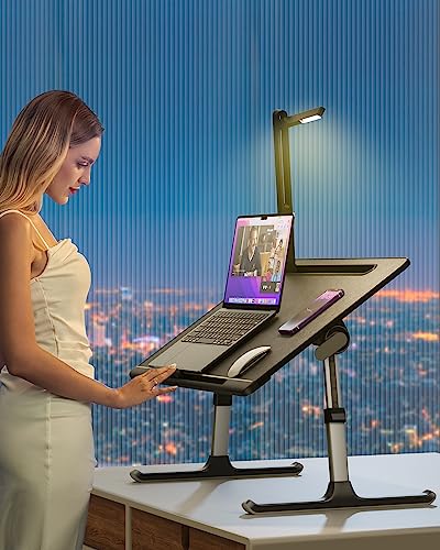 Laptop Bed Tray Desk with LED Desk Light, SAIJI Adjustable Laptop Stand for Bed, XX-Large PVC Leather Foldable Table with Book Stand,Wrist Rest, Extra Leg Room(Black) - color: Black