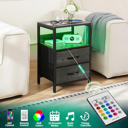 Yoobure Nightstand with Charging Station, LED Night Stand with Fabric Drawers and Storage Shelf for Bedroom, Nightstands Bedside Tables with USB Ports & Outlets, Small Night Stands, Bed Side Table - color: Charcoal Gray