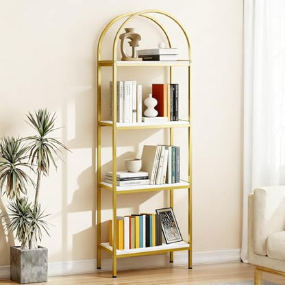 Garvee Arched Bookshelf 4 Tier,Arched Display Racks,Tall Standing Bookshelves with Metal Frame,Modern Open Storage Shelf Display Rack for Bedroom, Living Room, Home Office - color: 4-tier Reinforce-white+gold