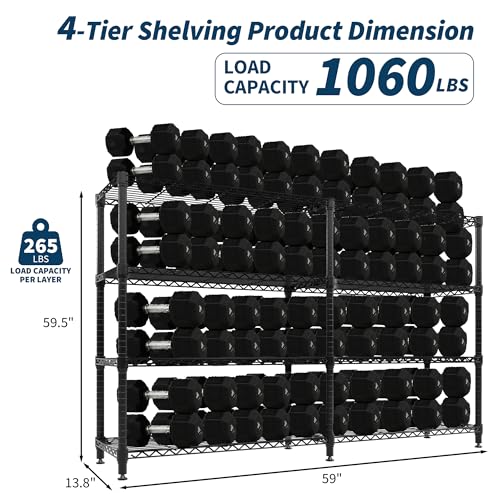 Garvee Metal Storage Shelves 4-Tiers, Standing Garage Shelving Unit 59"W x 13.8"D x 59.5"H, Heavy Duty Wire Shelving Rack Load 1060LBS, Adjustable Storage Shelf for Home Kitchen Pantry Basement(Black) - size: 59" W x 13.8" D x 59.5" H(4 Tiers)