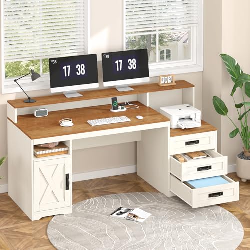 TVU Farmhouse Computer Desk with Drawers, 65'' Home Office Desk with Power Outlets, Storage Cabinet and Printer Stand, Study Writing Desks with Long Monitor Stand, Brown and White - color: Brown and White