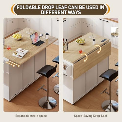Kitchen Island with Storage, 55" Kitchen Cart with Charging Station, Rolling Kitchen Island Table with Drop-Leaf, 3 Drawers, Barn Doors, Towel Rack and Spice Rack, White and Natural - color: White + Natural