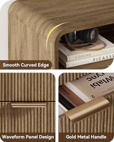 24" Fluted Nightstand with Charging Station, Bedside Table with Metal Handle, NightStand with 2 Drawer and Shelf, End Table for Bedroom, Curved Profile, Light Walnut - color: Light Walnut-2 Drawers, size: 2 Drawers