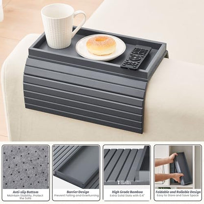 GEHE Bamboo Sofa Arm Tray, Foldable Couch Arm Tray Side Table, Anti-Falling Armrest Tables Cup Holder for Snacks, Drinks, Beers, Phone, Control, Flexible and Portable, Anti-Slip - color: Gray