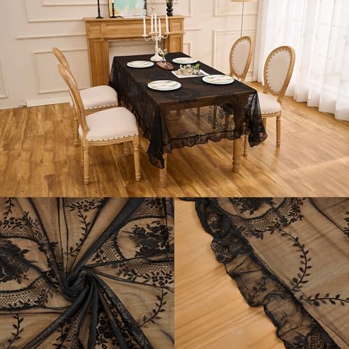 Floral Embroidered Lace Tablecloth Table Cover (Black, 95”x55”, Rectangular) - color: Black, size: 95" x 55" (Rectangular)