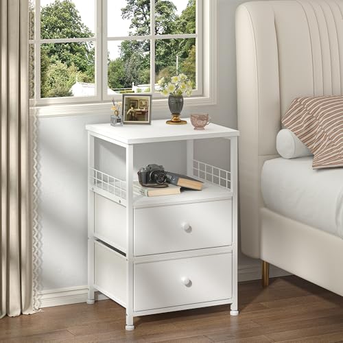 EnHomee 17.8" W Nightstand, End Table with Fabric Drawers and Open Wood Shelf Storage,Safety Netting on 2 Sides of Night Stand, Bedside Table with Metal Frame for Bedroom,Closet, Hallway,Dorm, White - color: White