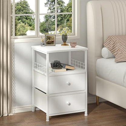 EnHomee 17.8" W Nightstand, End Table with Fabric Drawers and Open Wood Shelf Storage,Safety Netting on 2 Sides of Night Stand, Bedside Table with Metal Frame for Bedroom,Closet, Hallway,Dorm, White - color: White