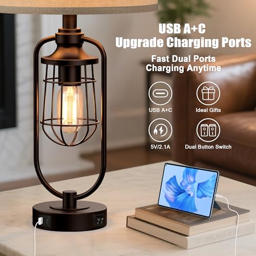 Table Lamps for Living Room Set of 2, Farmhouse Lamps for Night Stands, Industrial Bedside Lamps for Bedroom Nightstand with USB A+C, Bulbs Included - color: Oil-Rubbed Bronze