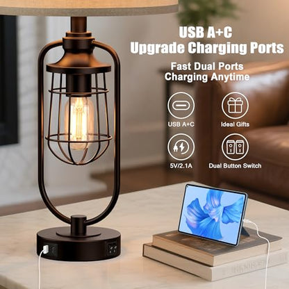 Table Lamps for Living Room Set of 2, Farmhouse Lamps for Night Stands, Industrial Bedside Lamps for Bedroom Nightstand with USB A+C, Bulbs Included - color: Oil-Rubbed Bronze