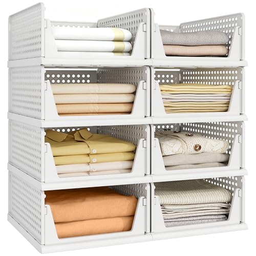 Pinkpum 8 Pack Closet Organizers and Storage Plastic Stackable Storage Bins, Foldable Drawer Shelf Storage Container for Wardrobe Kitchen Bathroom Dorm White - color: White, size: 8 Pack L