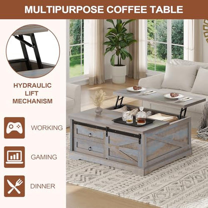 Itaar 39.4'' Lift Top Coffee Table with Storage, Farmhouse Coffee Tables for Living Room, Square Coffee Table with Large Hodden Compartment & 2 Drawrs & Adjustables Shelves (Blue) - color: Blue