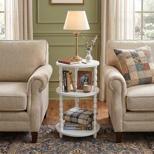 Small Round Side Table, 3-Tier Solid Wood End Table with Storage Shelf, Modern Bedside Tables Night Stand for Living Room, Bedroom, College Dorm, Small Space (White) - color: White
