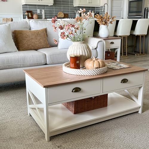 PHI VILLA Coffee Table for Living Room - Farmhouse Modern Coffee Tables with Storage, Ivory White Coffee Table - color: Ivory 3