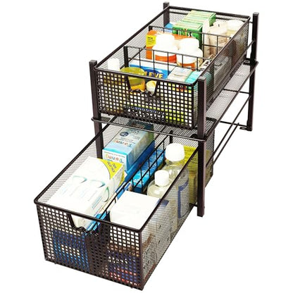 Deco Brothers Stackable Pull Out Cabinet Sliding Basket with Divider, Large | Under Sink Organizer, Bronze - color: Bronze