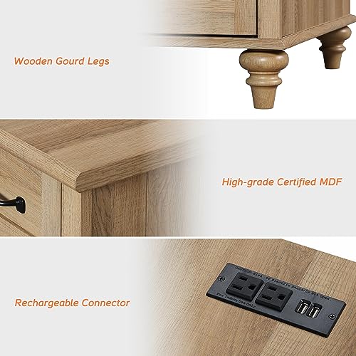 WAMPAT Farmhouse End Table Nightstand with Charging Station, Small Side Table with 2 Drawers for Living Room, Light Wood Night Stand Bedside Table for Bedroom, Oak - color: Oak