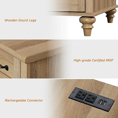 WAMPAT Farmhouse End Table Nightstand with Charging Station, Small Side Table with 2 Drawers for Living Room, Light Wood Night Stand Bedside Table for Bedroom, Oak - color: Oak