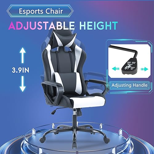PayLessHere Ergonomic Racing Desk Chair Gaming Chair Computer Chair with Armrests 360° Swivel & Caster Pu Desk Task Chair Executive Headrest Lumbar Support for Back Pain Women Men and Adults (White) - color: White