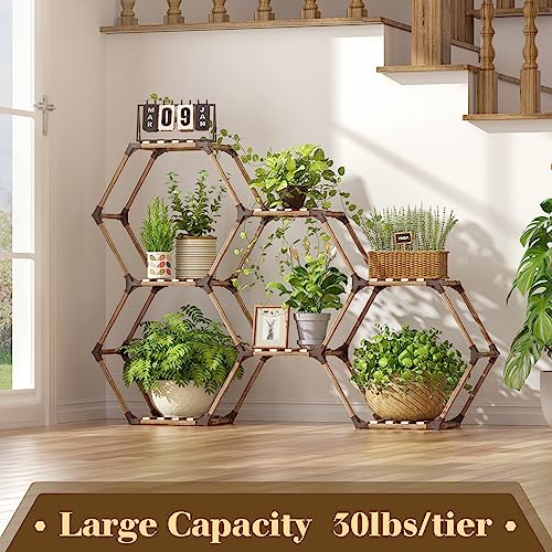 Tikea Hexagonal Indoor Outdoor Plant Stand, 7-Tier Wooden Plant Shelf | Large Plant Shelves Indoor Plant Rack for Patio Balcony Window Living Room Decor, DIY Creative unique Shapes Plant Stand