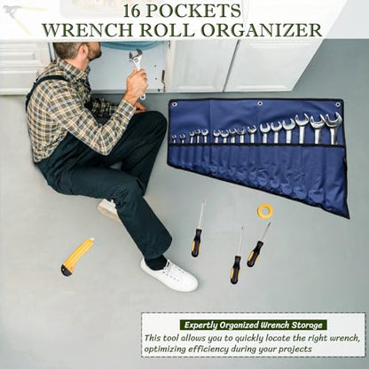 BLIRITEL 16 Pockets Wrench Roll Up Pouch, Wrench Roll Organizer and Tool Storage, Rolled Tool Pouch for Mechanic Electrician Craftsman (Blue) - color: Blue