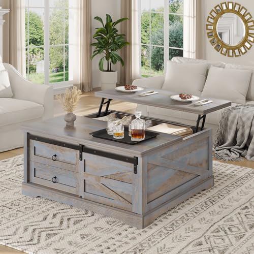 Itaar 39.4'' Lift Top Coffee Table with Storage, Farmhouse Coffee Tables for Living Room, Square Coffee Table with Large Hodden Compartment & 2 Drawrs & Adjustables Shelves (Blue) - color: Blue