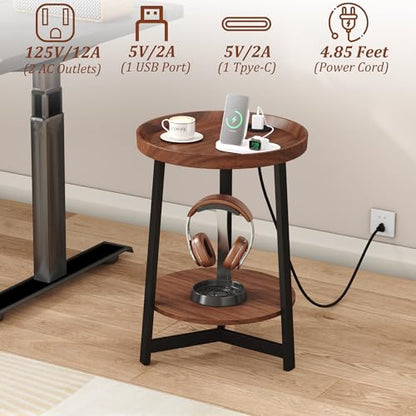 Round Industrial Side Table with Charging Station,2-Tier Round End Table with USB Port & Power Outlet, Nightstand with Metal Frame for Small Spaces, Living Room, Bedroom, Cherry - color: Cherry, style: With Charging Station