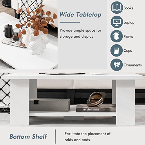 Tangkula 2-Tier Coffee Table, Modern Rectangular Center Cocktail Table with 5 Support Legs, Wooden Accent Living Room Furniture, Small Coffee Table for Small Spaces, Easy Assembly (White) - color: White