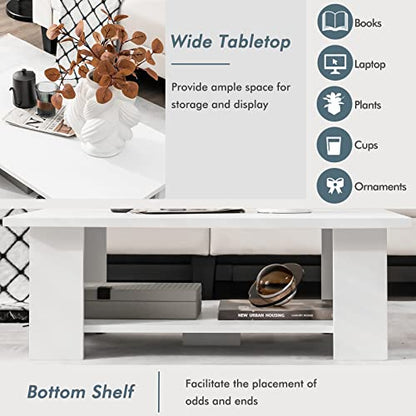 Tangkula 2-Tier Coffee Table, Modern Rectangular Center Cocktail Table with 5 Support Legs, Wooden Accent Living Room Furniture, Small Coffee Table for Small Spaces, Easy Assembly (White) - color: White