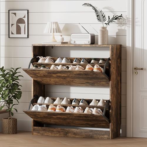 Xixini Shoe Storage Cabinet for Entryway with 2 Flip Drawers, Sturdy Wood Hidden Shoe Storage, Freestanding Narrow Slim Shoe Organizer for Front Door Entrance, Living Room, Hallway, Bedroom, Brown - color: Brown, size: 2 Drawers without Rack