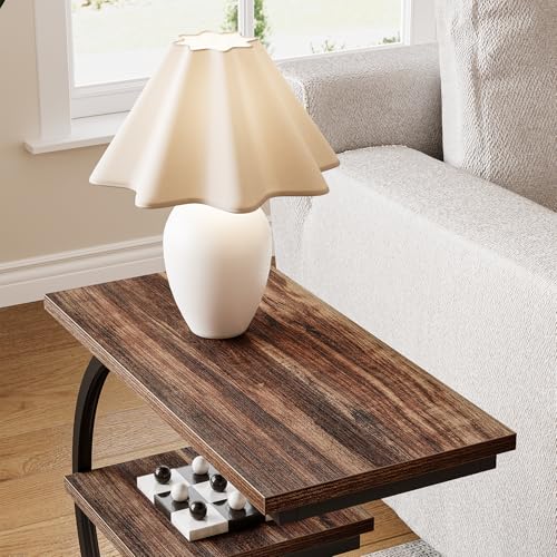 LITTLE TREE End Table, Narrow End Table with 3 Storage Shelves, Industrial C-Shaped Small Sofa Side Table for Living Room, Wood Slim Snack Table with Black Metal Frame, Rustic Brown - color: Rustic Brown