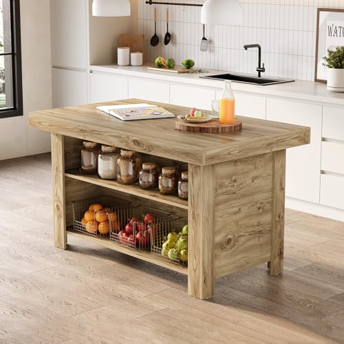 LITTLE TREE 55 Inches Kitchen Island with Storage, 3-Tier Farmhouse Wooden Stationary Island Table with Large Worktop & Leg Room, Modern Coffee Bar Table with Storage Shelf for Kitchen, Oak - color: Oak