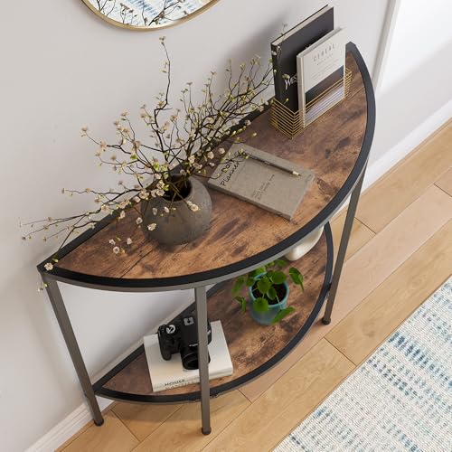 Entryway Table with Storage,Narrow Console Table for Living Room | Coffee Table 2-Tier Half Moon Sofa Table,Small Entry Table,Hallway Side Table with Metal Frame,Brown - color: Modern Style-brown
