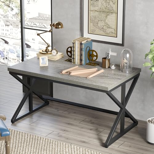IBF Computer Desk, Industrial PC Laptop Office Desk, Farmhouse Gaming Desk with Spacious Desktop, Rustic Wood Metal Writing Study Work Table for Home Office Bedroom, 47 Inch, Grey Oak - color: Light Grey Oak, size: 47 Inch