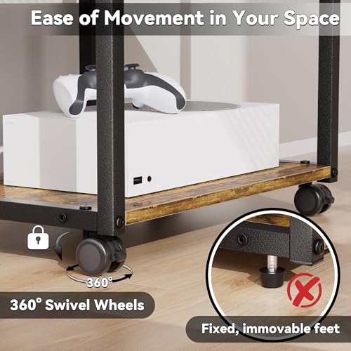 Aquzee AV Media Stand with Wheels, 4-Tier Game Console Shelf, Rolling Media Cart for Small Space, Stereo Racks and Stands, Ideal for Record Player, Game Console, DVD Player, and Projector, Wood