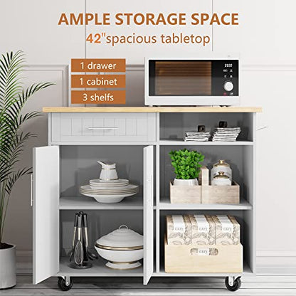 SUNLEI Kitchen Island with Storage Cabinet, 42" Kitchen Cart on Wheels with Shelves, Cart Handle for Towel Rack or Free Mobility, Portable Islands for Kitchen(Stylish White, 42-INCH) - size: 42 INCH, style: White